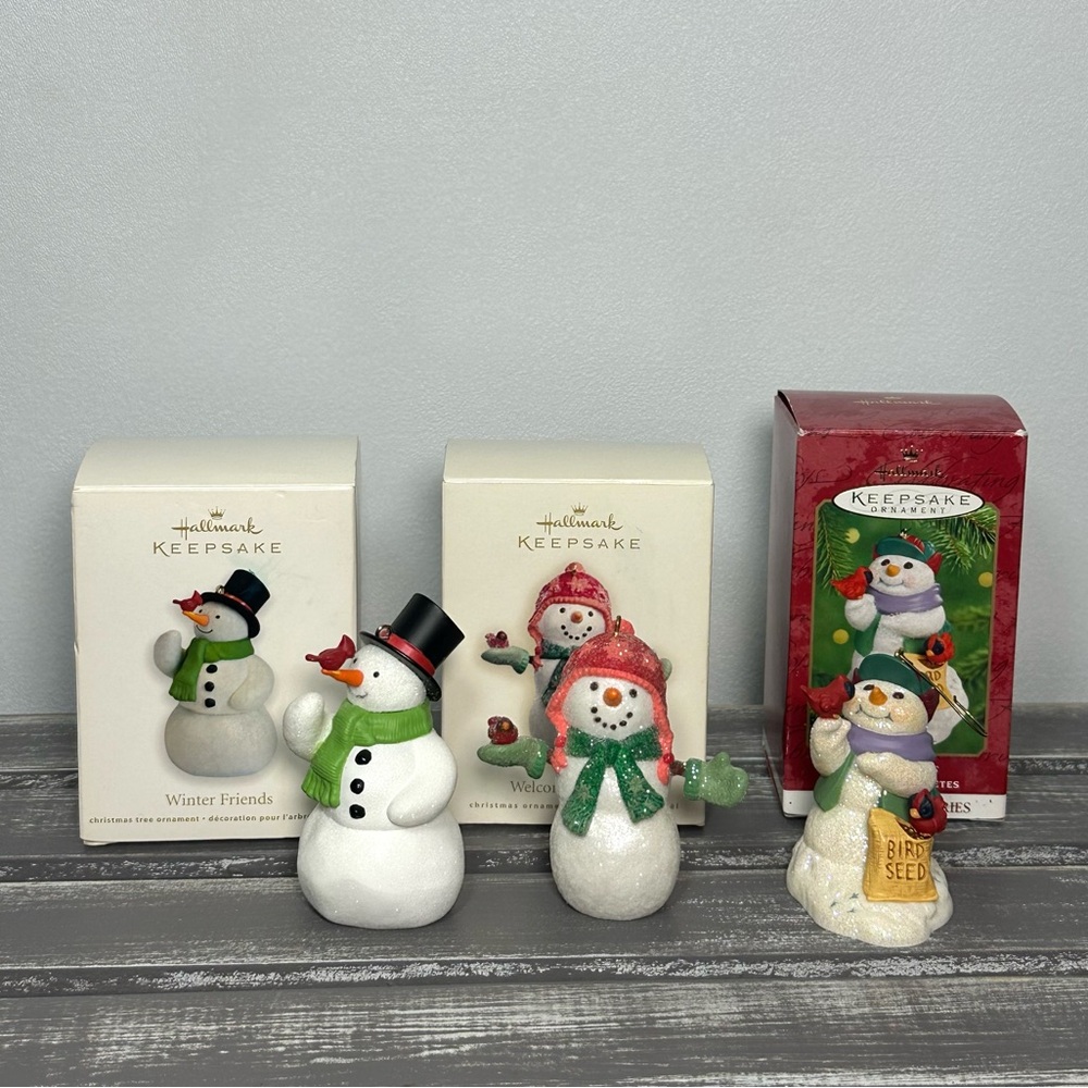 Hallmark Keepsake Snowman Ornaments with Birds Set of 3. 2000, 2007, 2011